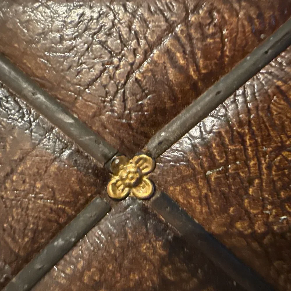 Vtge 30th wooden Box Covered by Natural leather Treasure Cheat Design, Domed Lid